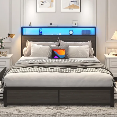 Miniatura 3 de Lifezone Base de cama Queen con cabecera de almacenamiento de 2 niveles, base de cama de plataforma de metal con 4 cajones de almacenamiento, gris