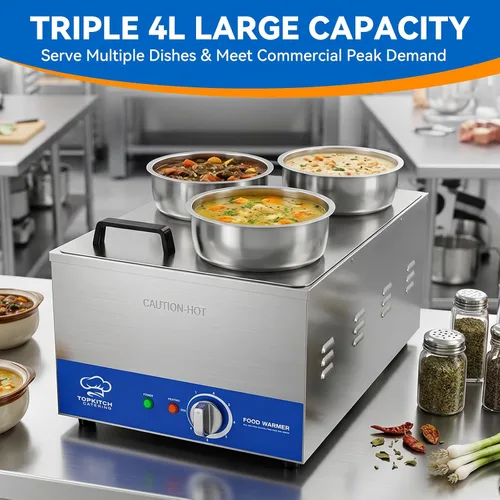 Miniatura 2 de TOPKITCH Calentador de sopa comercial 12L con olla de 3×4L para buffet Bain Marie, calentador de alimentos eléctrico comercial, tanque de una pieza
