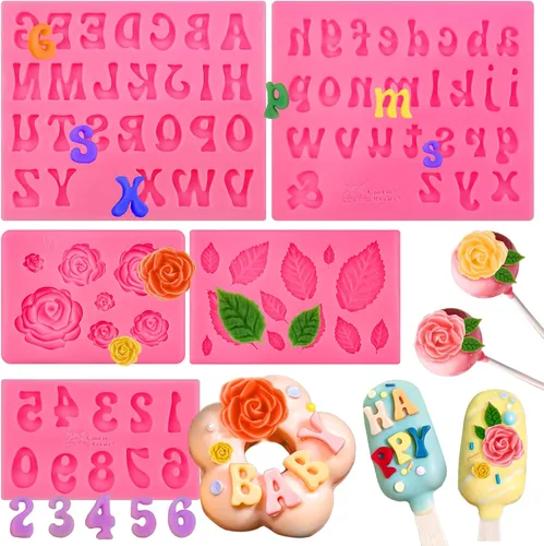 5 moldes de silicona para números de letras, molde de silicona de hojas de rosa, molde de números del alfabeto para fondant de chocolate, dulces,
