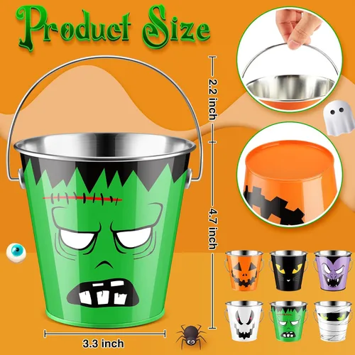 Miniatura 3 de Tioncy 6 cubos de calabaza de Halloween a granel de metal para trucos o golosinas, cubo de recuerdos de fiesta con asa, cubo pequeño de calabaza