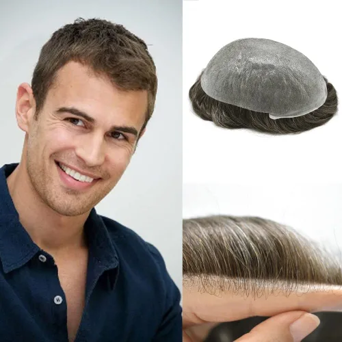 Miniatura 17 de Toupee para hombres, piel ultra fina, 0.002 in, base de poli completa, bucle en V, suave, sistema de reemplazo de cabello humano, pelucas para #1