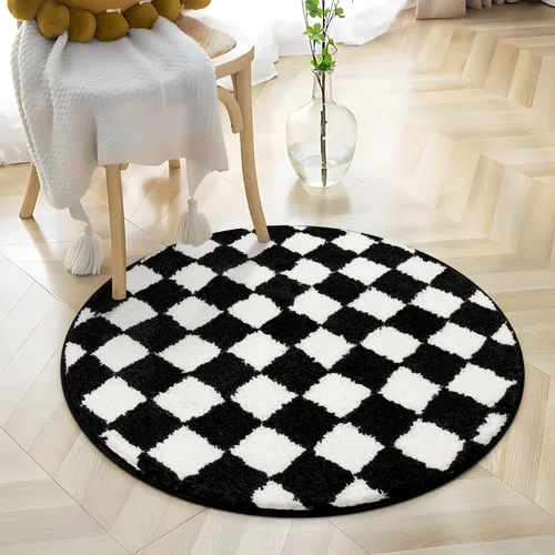 Miniatura 8 de Alfombras redondas a cuadros para baño, lavables a máquina, negras y blancas de 2 pies, alfombrilla de baño antideslizante y absorbente, alfombra