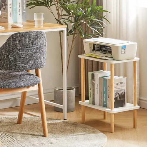 Miniatura 5 de IBUYKE Mesa auxiliar de 2 niveles, mesa auxiliar alta de madera maciza con estantes de almacenamiento, mesita de noche para sala de estar, Blanco