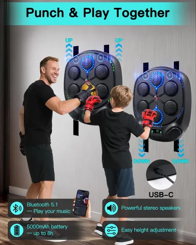 Miniatura 5 de shroop Máquina de Boxeo Musical para Adultos y Niños — Entrenador de Golpes Interactivo Bluetooth Montado en Pared, Alta Sensibilidad, Adaptación al
