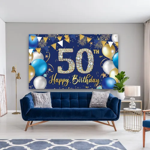 Miniatura 5 de Telón de fondo de decoración de cumpleaños 50 para hombres, decoraciones de feliz cumpleaños 50 para hombres, fondo azul para fotografía