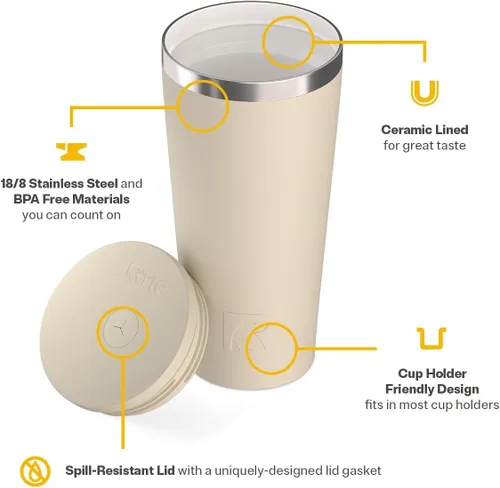 Miniatura 3 de RTIC Vaso Térmico Diario de 20 onzas de Acero Inoxidable Portátil con Aislamiento, Taza de Café de Viaje con Pajita, Forro de Cerámica, Tapa