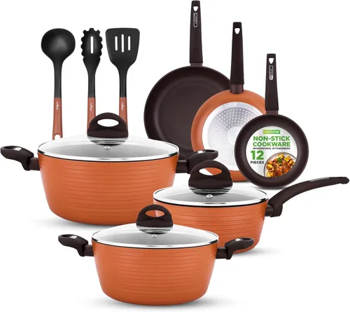 Miniatura 10 de NutriChef Juego de utensilios de cocina antiadherentes de 12 piezas, sin PFOA/PFOS, resistente al calor, juego de ollas y sartenes de cocina, Azul
