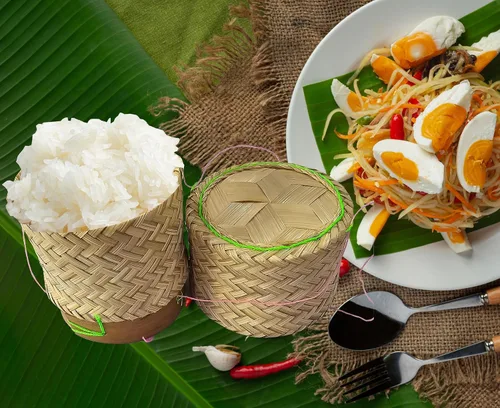 Miniatura 2 de Cesta de arroz pegajosa Contenedor pequeño Kratip Tazón para servir tailandés Arroz de bambú Tailandés Laos Tejido Tradicional Wickerwork Servir