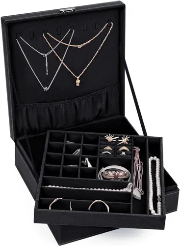 Miniatura 5 de MOSISO Joyero, organizador de almacenamiento de joyas, apilable, de doble capa, con bloqueo, para mujeres, collar, aretes, pulsera, anillo y broche