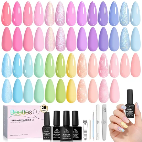 Miniatura 17 de Beetles - Set de 20 esmaltes de gel p/decoración de uñas, colección Fall Yard, purpurina naranja/marrón/rojo/azul marino, semipermanente, LED c/capa