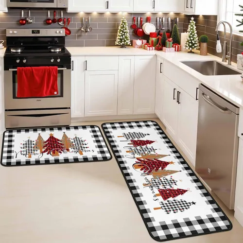 Miniatura 10 de Juego de 2 alfombras y tapetes de cocina navideños de muñeco de nieve negro y copo de nieve, decoración del hogar de invierno, tapete de piso