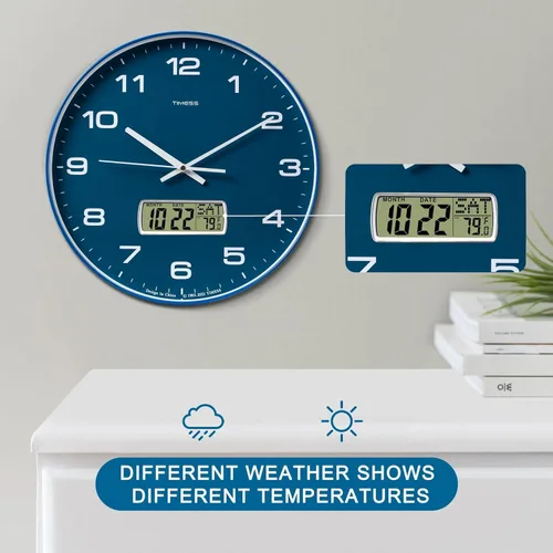 Miniatura 5 de TIMESS Reloj de pared, esfera de 10 pulgadas, silencioso, funciona con pilas, analógico con pantalla LCD para calendario perpetuo y temperatura F°
