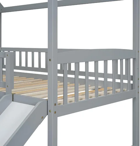 Miniatura 8 de Actual Literas de casa con tobogán, litera de madera maciza individual sobre cama individual con escaleras, techo, barandillas, cama alta de madera