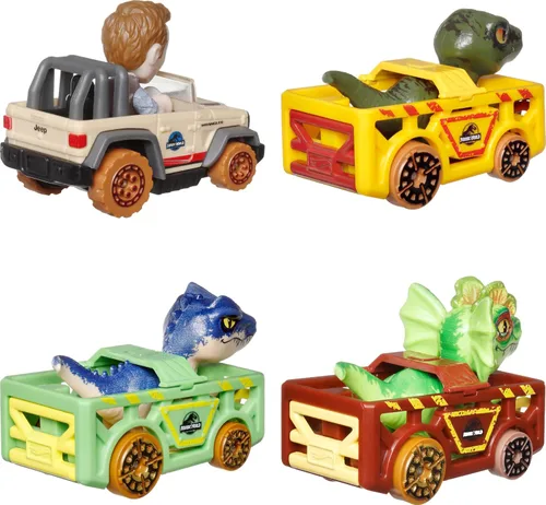 Miniatura 6 de Hot Wheels - Autos de juguete fundidos a presión, paquete de 4 vehículos RacerVerse con personajes de Jurassic World Charlie, Owen, Dilophosaurus