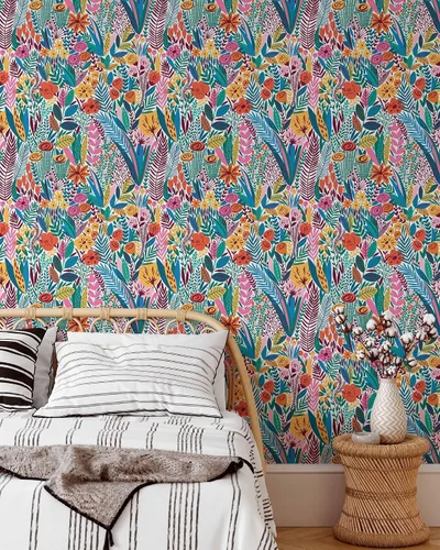 Miniatura 5 de Papel tapiz floral escandinavo, papel tapiz botánico autoadhesivo extraíble, papel tapiz colorido para despegar y pegar