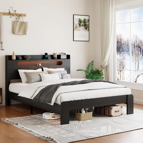 Miniatura 8 de Marco de cama tamaño completo de madera, cabecero con almacenamiento y estación de carga y luces LED, estructura robusta de granja rústica, fácil