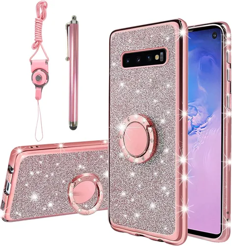 Miniatura 10 de Funda para Samsung Galaxy S10, Galaxy S10 2019 para mujer con purpurina de cristal suave TPU transparente con correa de pie de apoyo