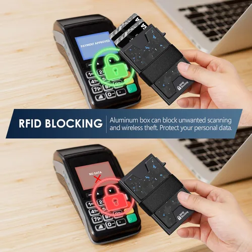 Miniatura 27 de AUTLEY Portatarjetas delgado, billetera minimalista desplegable para hombres, con bloqueo RFID y banda para efectivo (negro)