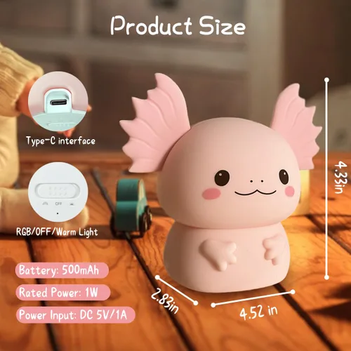 Miniatura 7 de Regalos de Axolotl Luz Nocturna para Niños, Bonita Lámpara de Axolotl de Silicona para Bebé y Niño Pequeño, Luz Nocturna de Animales para Niños