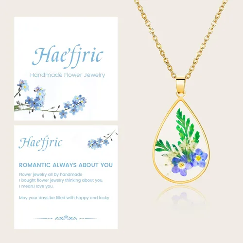 Miniatura 51 de Collar de flores silvestres prensadas con encaje de Forget-Me-Not y Queen Anne Collar de flores prensadas de oro Collares hechos a mano