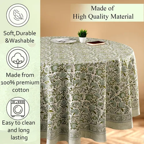 Miniatura 6 de CPC Mantel redondo - Mantel de algodón con estampado de bloques indios - Mantel de algodón impreso a mano y lavable - Primavera/Verano, mantel