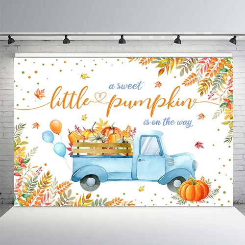 Miniatura 2 de MEHOFOND Telón de fondo de calabaza para baby shower de 7 x 5 pies, diseño de calabaza dulce está en camino, fondo azul para fotografía de hojas