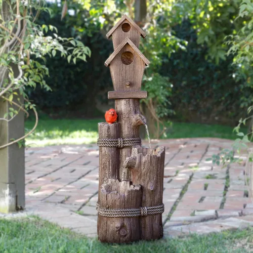Miniatura 2 de Alpine Corporation Fuente de Agua para Pajareras de 3 Niveles de 35 Pulgadas de Alto para Exteriores con Acento de Cardenal, Decoración Rústica