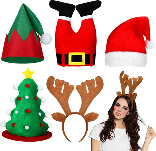 SATINIOR Juego de 5 sombreros de Navidad y diadema con diseño de pantalones de Papá Noel, sombrero de elfo, diadema de reno de árbol de Navidad de