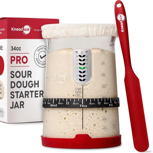KNEADACE Kit de Iniciador de Pan de Masa Madre Pro – Frasco de Iniciador de Masa Madre de Gran Capacidad de 34 oz con 5 características únicas para