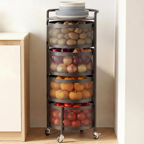 Miniatura 8 de JAQ Canasta giratoria de frutas, de metal resistente, almacenamiento multinivel de cocina, no requiere montaje, con ruedas, para frutas, verduras