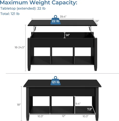 Miniatura 3 de Yaheetech - Mesa de centro con compartimento de almacenamiento oculto y estante, la superficie superior se levanta, mesa de comedor para sala