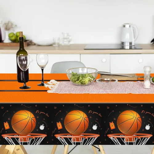 Miniatura 5 de CMUSKO Mantel de baloncesto, 3 piezas de decoración de cumpleaños de baloncesto, manteles rectangulares de plástico, manteles desechables