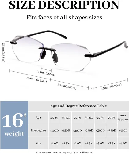 Miniatura 2 de LUFF Rimless Reading Glasses for Women Men,Lightweight Classic Stylish Diamond Cut Edge Blue Light Readers,Anti Eyestrain