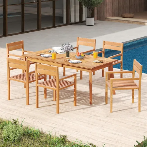Miniatura 7 de Tangkula Silla de madera de teca para exteriores, sillón de comedor con asiento y respaldo de tablillas, muebles de asiento de madera maciza