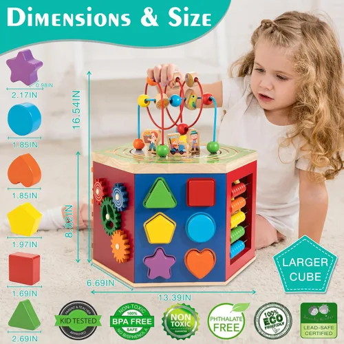Miniatura 5 de Cubo de actividades grande, centro de juego de madera con temática de granja 9 en 1, juguete Montessori multiusos para bebés, niños pequeños y niños