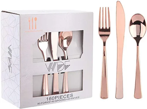 WDF Juego de cubiertos desechables de oro rosa de 160 piezas, cubiertos de plástico pesado, incluye 80 tenedores, 40 cucharas, 40 cuchillos,