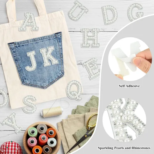 Miniatura 3 de Morcheiong 52 piezas de parches de letras de perlas con strass autoadhesivos A-Z, parches de letras de perlas para pegar en ropa, tela, mochila