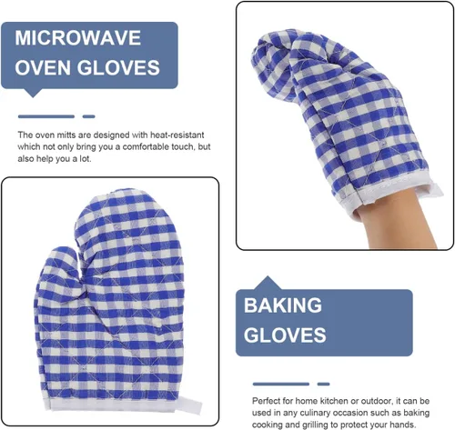 Miniatura 7 de 2 guantes de horno para cocina de juego, guantes de horno de microondas, guantes de cocina para hornear, a cuadros rojos para una parte trasera Azul