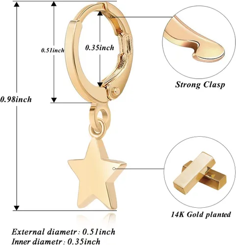 Miniatura 5 de SANNYRA Aretes de aro para mujer, chapados en oro de 14 quilates, circonita cúbica, luna, estrella, rayo, mal de ojo, aretes colgantes para mujer