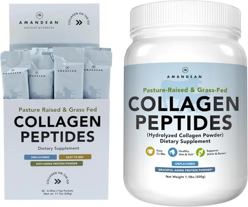 AMANDEAN Paquete de péptidos de colágeno. Paquetes de 2.2 lbs y barras. Alimentado con pasto, hidrolizado enzimáticamente, tipo 1 y 3. Proteína con