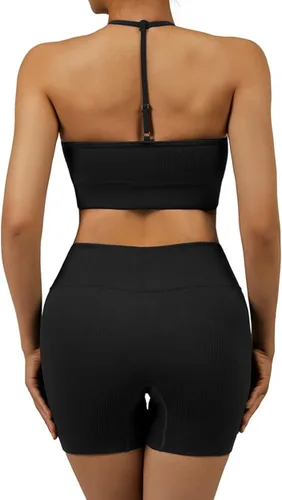 OMKAGI Conjuntos de entrenamiento para mujer, sin costuras, brasier deportivo, levantamiento de glúteos, pantalones cortos de entrenamiento,