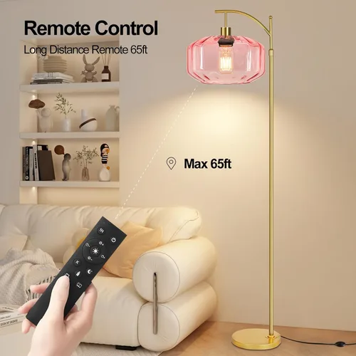 Miniatura 7 de Lámparas de pie doradas para sala de estar, dormitorio, lámpara de pie de cristal con control remoto y pantalla rosa, lámpara de pie regulable