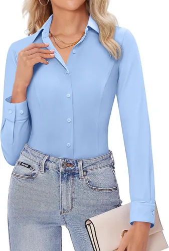 Miniatura 12 de Siliteelon - Camisas de vestir para mujer, manga larga, ajustadas, con botones, elásticas, sin arrugas, con cuello, para negocios, casual, blusa