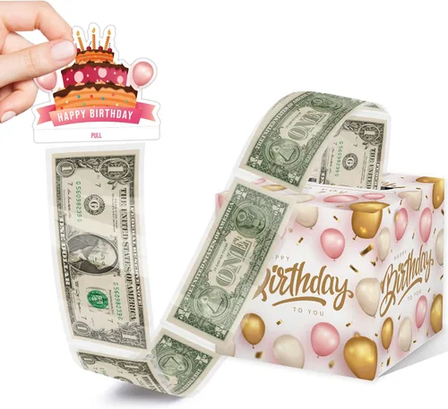 Caja de dinero sorpresa, caja de dinero de feliz cumpleaños para dinero en efectivo, incluye tarjeta de feliz cumpleaños y 35 bolsas transparentes,