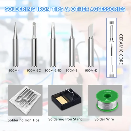 Miniatura 5 de Kit de soldador de 60 W y 110 V, temperatura ajustable, con puntas de hierro, soporte, esponja, alambre para soldar 60W 9-en-1