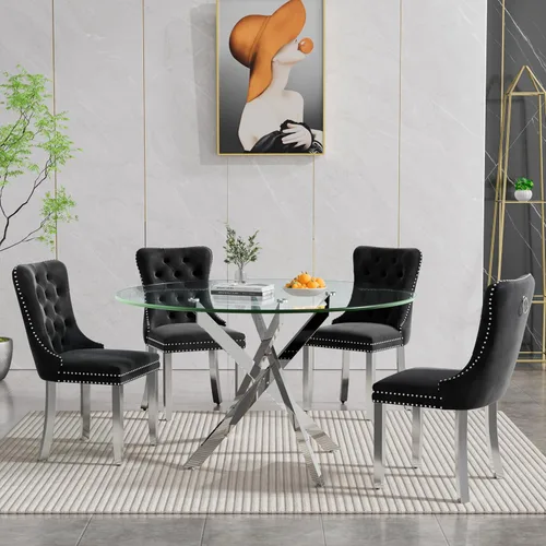 Miniatura 13 de Juego de 4 mesas de comedor de cristal para 4, juego de 4 mesas y sillas de cocina modernas, juego de mesa de comedor de cocina de 5 piezas con mesa