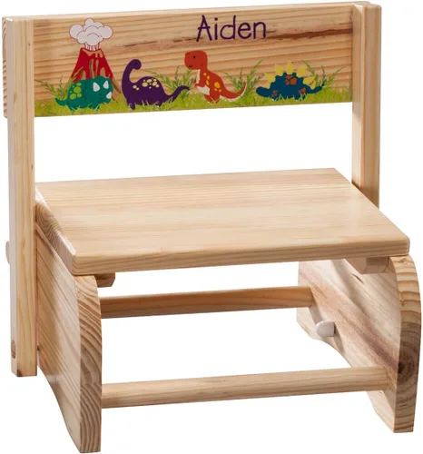 Banqueta infantil personalizada 2 en 1 y silla, personalizada con el nombre del niño, diseño de dinosaurio