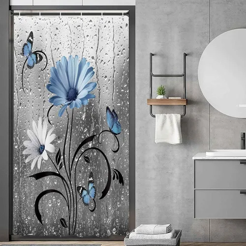Cortina de Ducha Rústica Azul Floral Boho, Cortinas de Flores de Margarita y Mariposa de Estilo Granja para Baño, Decoración de Baño Floral
