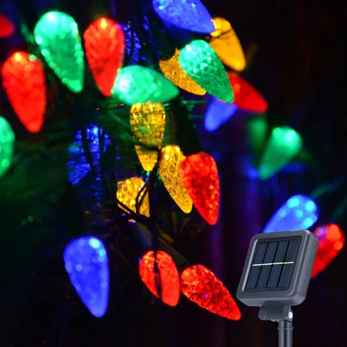 Miniatura 10 de Luces solares de Navidad para exteriores, cadena de luces C6 de fresa, luces de Mardi Gras, 100 LED, 8 modos, impermeable, uso al aire libre