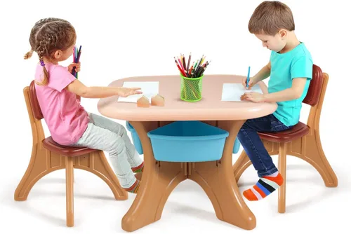 HONEY JOY Juego de mesa y silla para niños, mesa de actividades de plástico para niños y 2 sillas con contenedores de almacenamiento, juego de